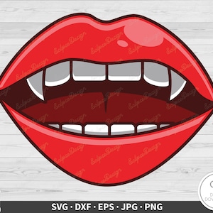 May include: Red lips with sharp, white fangs. The lips are open and the fangs are visible. This is a digital download for crafting projects.