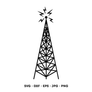 May include: A black and white illustration of a radio tower with a lightning bolt design at the top. The tower is a geometric design with a triangular shape. The bottom of the image includes the text: SVG • DXF • EPS • JPG • PNG.