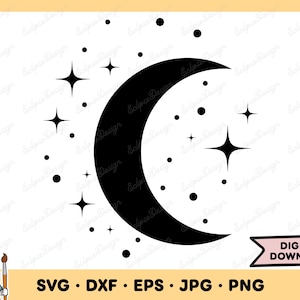 Moon and Stars SVG Moon and Stars PNG Moon Clip Art Cut File Silhouette Instant Digital Download