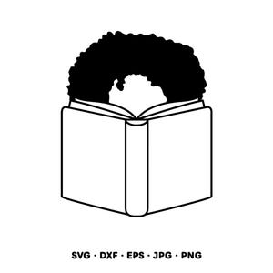 Puede incluir: Ilustraci&oacute;n en blanco y negro de una persona con afro leyendo un libro. El libro est&aacute; abierto y la cabeza de la persona es parcialmente visible. Incluye el texto "SVG &bull; DXF &bull; EPS &bull; JPG &bull; PNG".