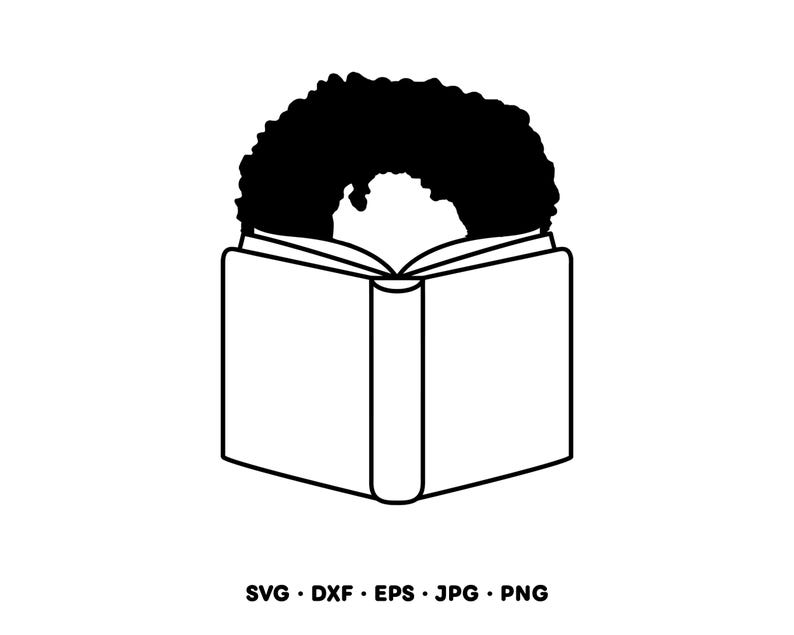 Puede incluir: Ilustraci&oacute;n en blanco y negro de una persona con afro leyendo un libro. El libro est&aacute; abierto y la cabeza de la persona es parcialmente visible. Incluye el texto "SVG &bull; DXF &bull; EPS &bull; JPG &bull; PNG".