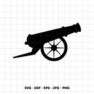 May include: A black silhouette graphic of a historical cannon featuring a long barrel and a large spoked wheel, presented as a digital design file with the text SVG, DXF, EPS, JPG, PNG displayed at the bottom of the image.