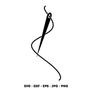 Pode incluir: Uma ilustração gráfica preta de uma agulha de costura com um único fio passando pelo olho e curvando-se para baixo. O texto SVG, DXF, EPS, JPG, PNG está impresso em preto na parte inferior da imagem, indicando os formatos de arquivo.