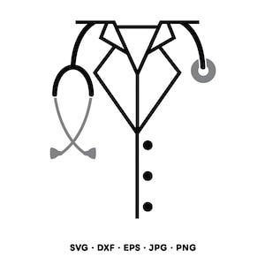 Op de afbeelding: Een zwart-witte lijntekening van een doktersjas met een stethoscoop. De stethoscoop is grijs en zwart. De jas heeft drie zwarte knopen. De afbeelding bevat ook de tekst: SVG, DXF, EPS, JPG, PNG.