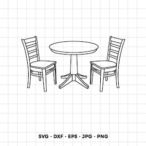 May include: A black and white line art illustration of a round dining table with a central pedestal base and four legs, flanked by two chairs with horizontal slat backrests. The text SVG, DXF, EPS, JPG, PNG is printed at the bottom.