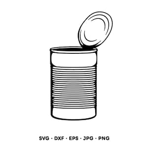 May include: A black and white line art illustration of an open metal can with horizontal ridges along the body and a detached lid angled upward. Below the can, the text reads SVG, DXF, EPS, JPG, PNG, indicating available file formats.