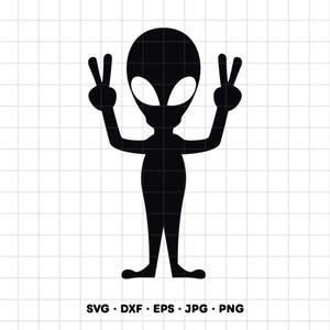 May include: A black silhouette graphic of an alien figure with a large oval head and almond-shaped eyes, holding both hands up in a peace sign gesture. The design is centered on a white grid background with the text SVG DXF EPS JPG PNG below.