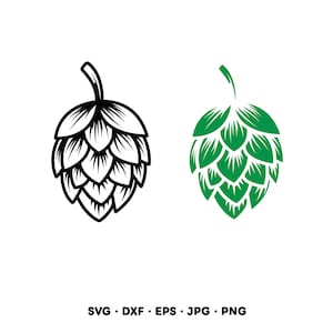 Könnte beinhalten: Zwei Hopfen-Zapfen-Illustrationen, eine schwarze und eine grüne, auf weißem Hintergrund. Die Hopfen-Zapfen sind detailliert mit geschichteten Blütenblättern und einem Stiel. Darunter die Dateityp-Abkürzungen: SVG, DXF, EPS, JPG und PNG.