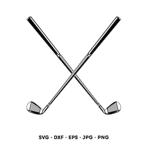 May include: Black and white illustration of two crossed golf clubs. The clubs are depicted with detailed lines, showing the club heads and the shafts. The image includes the text "SVG • DXF • EPS • JPG • PNG" at the bottom.