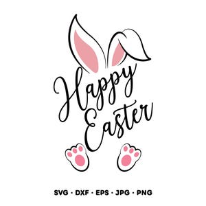 May include: A black and white graphic with the words "Happy Easter" in a cursive font. The design includes bunny ears with pink insides and two bunny feet with pink pads. The image is on a white background.