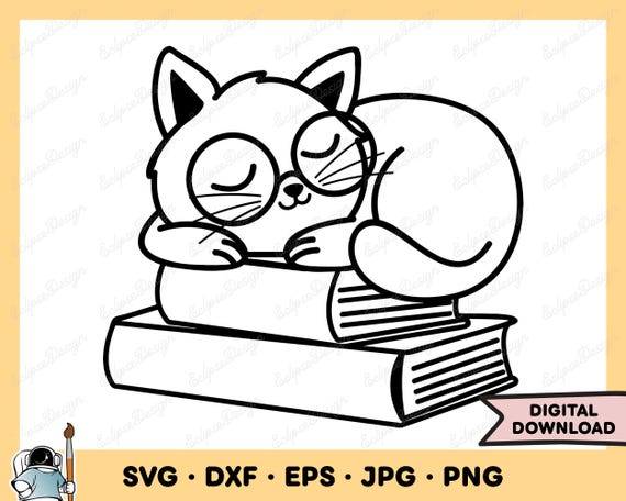 Cat Sleeping On Books SVG Reader SVG Reading Clip Art Cut File Silhouette Instant Digital Download