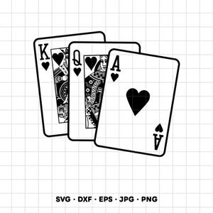 May include: A black and white graphic illustration of three playing cards featuring the King of Hearts, Queen of Hearts, and Ace of Hearts. The cards are arranged in a fan shape. Below the cards, the text reads SVG, DXF, EPS, JPG, PNG.