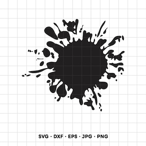 May include: A black ink splatter graphic design featuring an irregular circular center with radiating droplets and splashes. The design is presented on a white grid background with the text SVG, DXF, EPS, JPG, PNG printed at the bottom.