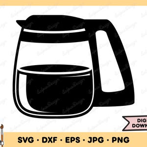 May include: A black and white silhouette of a coffee pot with a handle and a lid. The pot is filled with coffee.