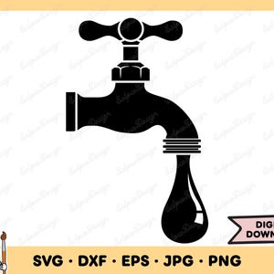 Puede incluir: Una silueta negra de un grifo con una gota de agua goteando del caño. El grifo tiene una manija en la parte superior y un caño curvo. La gota de agua es redonda y tiene forma de lágrima.