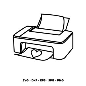 May include: A black and white line art illustration of a desktop printer with a sheet of paper feeding through the top and another sheet exiting the front featuring a simple heart outline. The text SVG, DXF, EPS, JPG, PNG appears below.