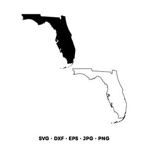 May include: A black and white graphic of the state of Florida. The image shows a solid black silhouette of the state next to a white outline of the same shape. The bottom of the image includes the text "SVG • DXF • EPS • JPG • PNG."