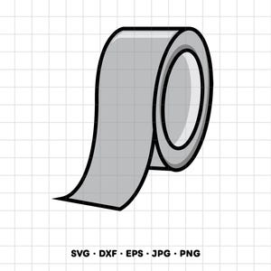 May include: A graphic illustration of a roll of gray duct tape with a thick black outline. The tape is shown partially unrolled, featuring a light gray center and a darker gray outer edge. Below the roll, the text reads SVG, DXF, EPS, JPG, PNG.