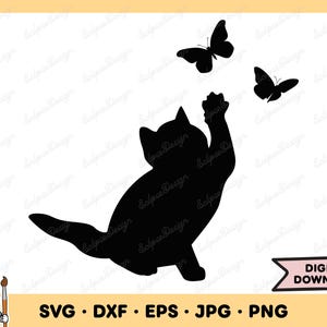 Kitten Playing with Butterflies SVG Kitten SVG Kitten PNG Kitten Clip Art Cut File Silhouette Instant Digital Download