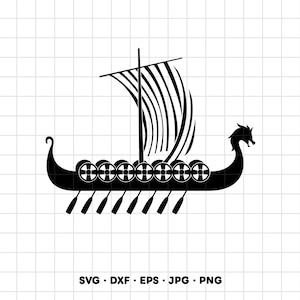 May include: A black silhouette graphic of a Viking longship featuring a single mast with a striped sail, a dragon head prow, and a row of circular shields along the side. Below the ship are eight oars extending downward. Text reads SVG DXF EPS JPG PNG.