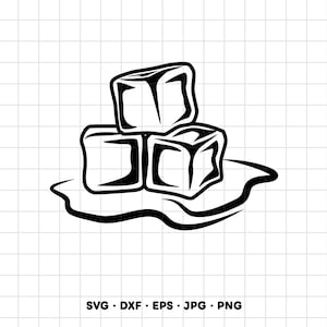 May include: A black and white graphic illustration of three stacked ice cubes resting in a small puddle of melted water. The design features bold, clean lines and is presented on a white grid background with the text SVG, DXF, EPS, JPG, PNG.