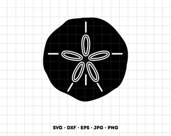May include: A black sand dollar silhouette graphic featuring a white five-petaled floral pattern in the center and short white lines radiating outward. The text SVG, DXF, EPS, JPG, PNG is printed in black at the bottom of the image.