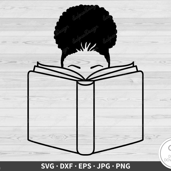 Girl With Book With Afro Bun SVG • Clip Art Cut File Silhouette dxf eps png jpg • Instant Digital Download