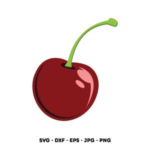 May include: A single, ripe cherry illustration with a deep red body and a green stem. The cherry has a glossy appearance with a highlight. The bottom of the image displays the file types: SVG, DXF, EPS, JPG, and PNG.
