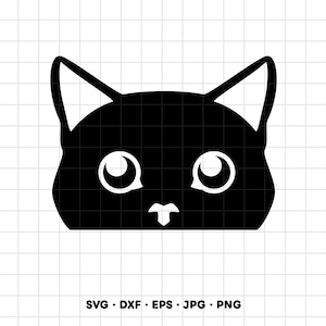 May include: A black silhouette graphic of a cat head with large white eyes and a small white nose. The design features pointed ears and a flat bottom edge. Below the cat head, the text reads SVG, DXF, EPS, JPG, PNG in black capital letters.