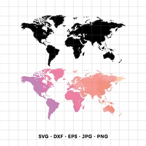 Op de afbeelding: Twee wereldkaartillustraties op een witte achtergrond met raster. De bovenste kaart is effen zwart. De onderste kaart heeft een aquarelverloop dat van paars en roze aan de linkerkant naar oranje en perzik aan de rechterkant gaat. Tekst: SVG DXF EPS JPG PNG.