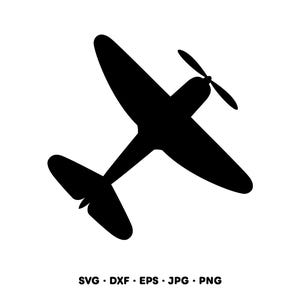May include: A black silhouette of a propeller airplane viewed from above, featuring a single engine, two main wings, a tail section, and a front-mounted propeller. The text SVG, DXF, EPS, JPG, PNG is printed in black at the bottom of the image.
