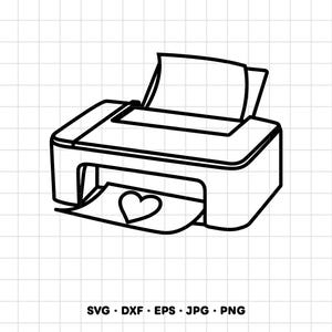 May include: A black and white line art illustration of a desktop printer with a sheet of paper feeding into the top and a sheet of paper exiting the front tray featuring a simple heart outline. The text SVG, DXF, EPS, JPG, PNG appears below.