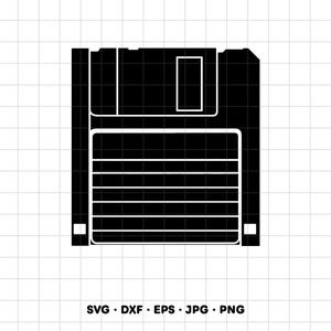 May include: A black silhouette of a 3.5-inch floppy disk icon featuring a square shape with a sliding metal shutter and a label area with horizontal lines. Below the icon, the text reads: SVG • DXF • EPS • JPG • PNG.