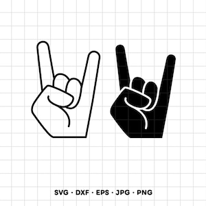 Puede incluir: Dos ilustraciones gráficas de una mano haciendo el signo de rock and roll. Un icono es un contorno negro sobre fondo blanco y el otro es una silueta negra sólida. El texto SVG, DXF, EPS, JPG, PNG está impreso en la parte inferior.