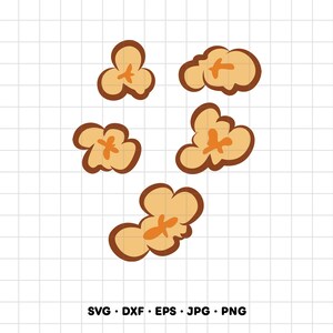 May include: A digital illustration of five individual popcorn kernels arranged on a white grid background. Each kernel is light tan with a dark brown outline and a bright orange centre detail. The text SVG, DXF, EPS, JPG, PNG appears below.