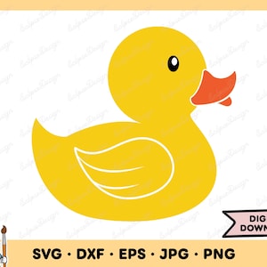 K&ouml;nnte beinhalten: Eine gelbe Gummiente mit einem orangefarbenen Schnabel und einer wei&szlig;en Kontur. Die Ente hat ein einzelnes schwarzes Auge und eine wei&szlig;e Bauchkontur. Das Bild enth&auml;lt den Text "DIGITALER DOWNLOAD" und Dateitypoptionen: SVG, DXF, EPS, JPG und PNG.