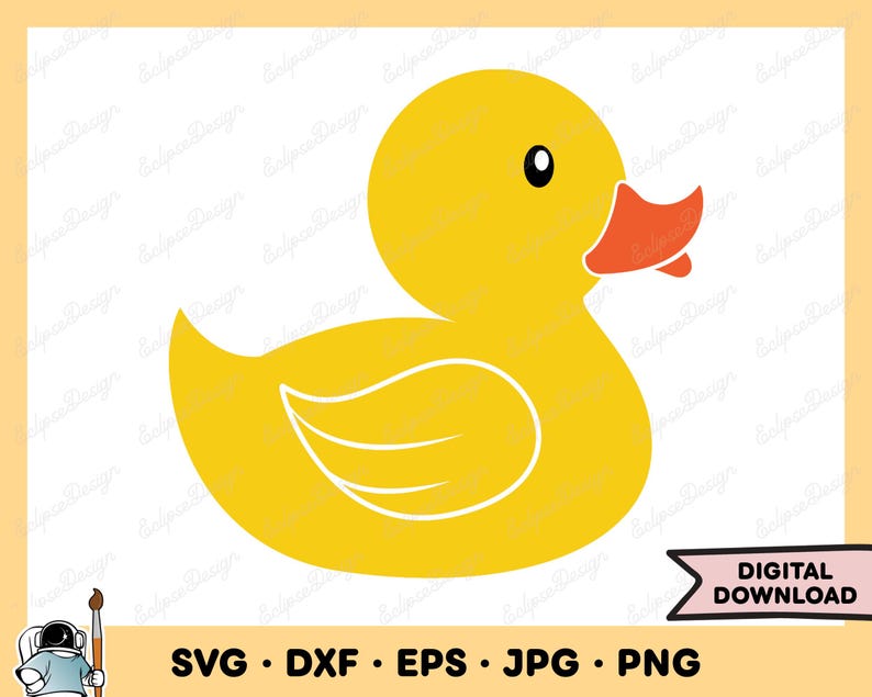 K&ouml;nnte beinhalten: Eine gelbe Gummiente mit einem orangefarbenen Schnabel und einer wei&szlig;en Kontur. Die Ente hat ein einzelnes schwarzes Auge und eine wei&szlig;e Bauchkontur. Das Bild enth&auml;lt den Text "DIGITALER DOWNLOAD" und Dateitypoptionen: SVG, DXF, EPS, JPG und PNG.