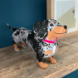 Silver & Tan Dapple Short Haired Dachshund Felt Sculpture | Sausage Dog Present | Miniature Doxie Home Ornament