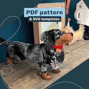 May include: A felt dachshund dog with a black and white speckled coat, a red collar, and brown paws. The image includes text that reads "PDF pattern & SVG templates". Other felt animal figures are in the background.