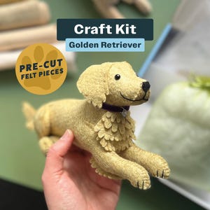 May include: A Golden Retriever craft kit with pre-cut felt pieces. The dog is a light yellow colour, with a black nose and a purple collar. The kit includes a bag of materials and the text "Craft Kit Golden Retriever".