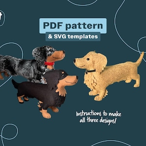 May include: Three felt dachshund dog patterns in black, grey, and tan, each with unique features like a red collar or black collar. The image includes text that says "PDF pattern & SVG templates" and "Instructions to make all three designs!"