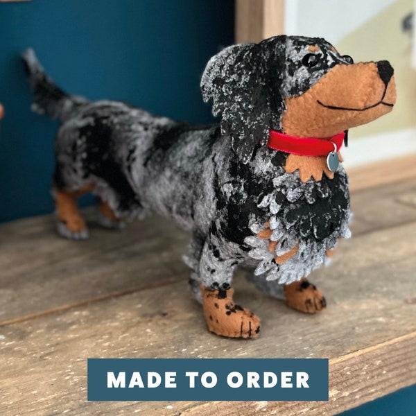 Silver Dapple Long Haired Dachshund Felt Decor | Sausage Dog Gift | Small Cute Merle Doxie Shelf Display Sculpture