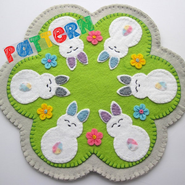 PDF PATTERN: Easter Penny Rug Wool Applique sewing tutorial - Bunny Rabbits felt DIY Spring Decoration - Holiday accessory