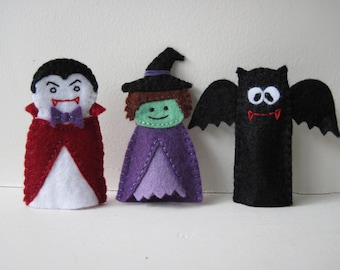 PATTERN: Halloween Felt Finger Puppet sewing tutorial - Witch, Bat & Count Dracula DIY childrens toy PDF - Dress Up play Holiday accessory