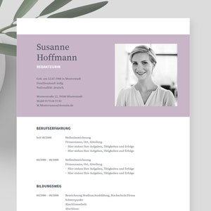 May include: A resume template with a photo of a woman. The resume has a lavender header with the name "Susanne Hoffmann" and the title "REDAKTEURIN". The resume includes sections for work experience and education, with placeholders for details.