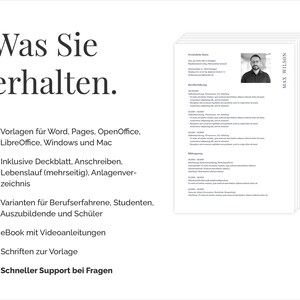 May include: A black and white image of a resume template with the text "Was Sie erhalten." and a list of features, including templates for Word, Pages, OpenOffice, LibreOffice, Windows and Mac, a cover letter, resume, and reference list, as well as video tutorials and fonts. The text "MAX WILSON" is visible in the upper right corner of the image.