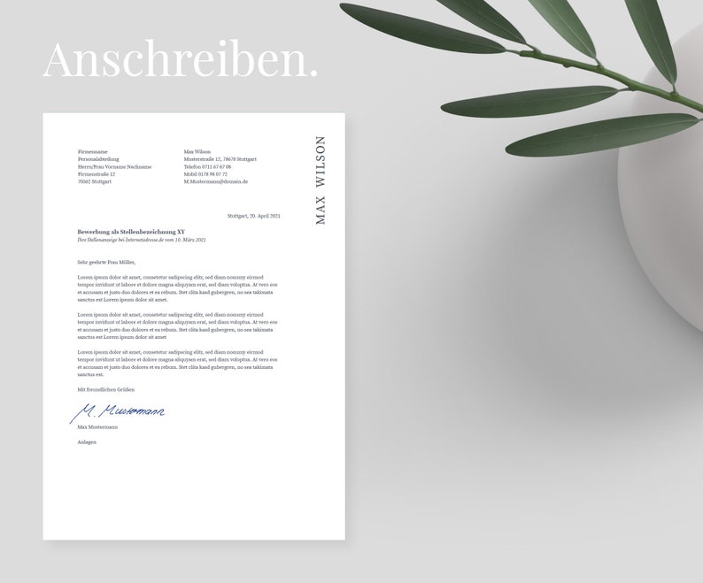 May include: A formal letter of application for a job as a trainee. The letter is addressed to Max Wilson and is dated April 29, 2023. The letter is written in German.