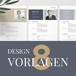 Könnte beinhalten: Ein Satz von acht Lebenslaufvorlagen mit modernem Design. Die Vorlagen sind in einem hellgrauen und beigen Farbschema mit einem goldenen Akzent gehalten. Der Text "DESIGN 8 VORLAGEN" ist in Gold auf grauem Hintergrund dargestellt.