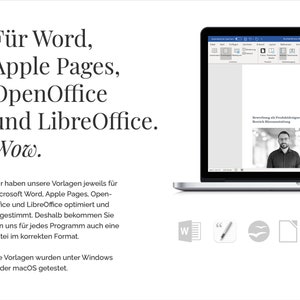May include: A laptop computer screen displaying a document with the text "Bewerbung als Produktdesigner im Bereich Bildschirmgestaltung" and a photo of a man. The text "F&uuml;r Word, Apple Pages, OpenOffice und LibreOffice. Wow." is displayed on the screen. Below the laptop are icons for Microsoft Word, Apple Pages, OpenOffice, and LibreOffice.
