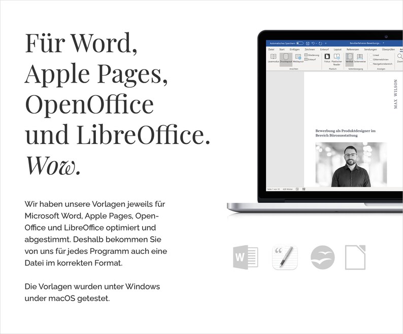 May include: A laptop computer screen displaying a document with the text "Bewerbung als Produktdesigner im Bereich Bildschirmgestaltung" and a photo of a man. The text "F&uuml;r Word, Apple Pages, OpenOffice und LibreOffice. Wow." is displayed on the screen. Below the laptop are icons for Microsoft Word, Apple Pages, OpenOffice, and LibreOffice.